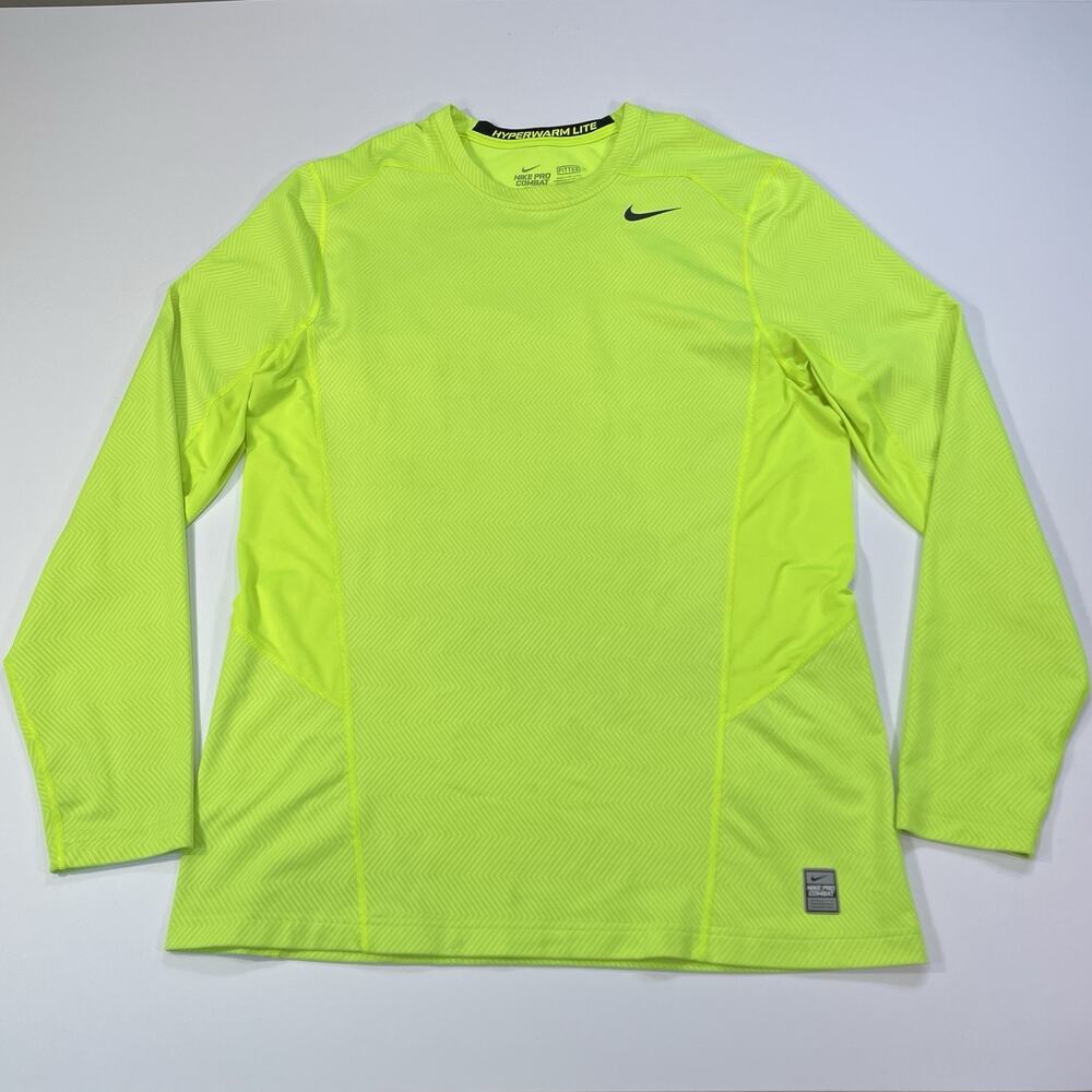 Nike Pro Combat Hyperwarm Lite Shirt Men XL Long Sleeve Tee Volt Yellow Hi-Vis